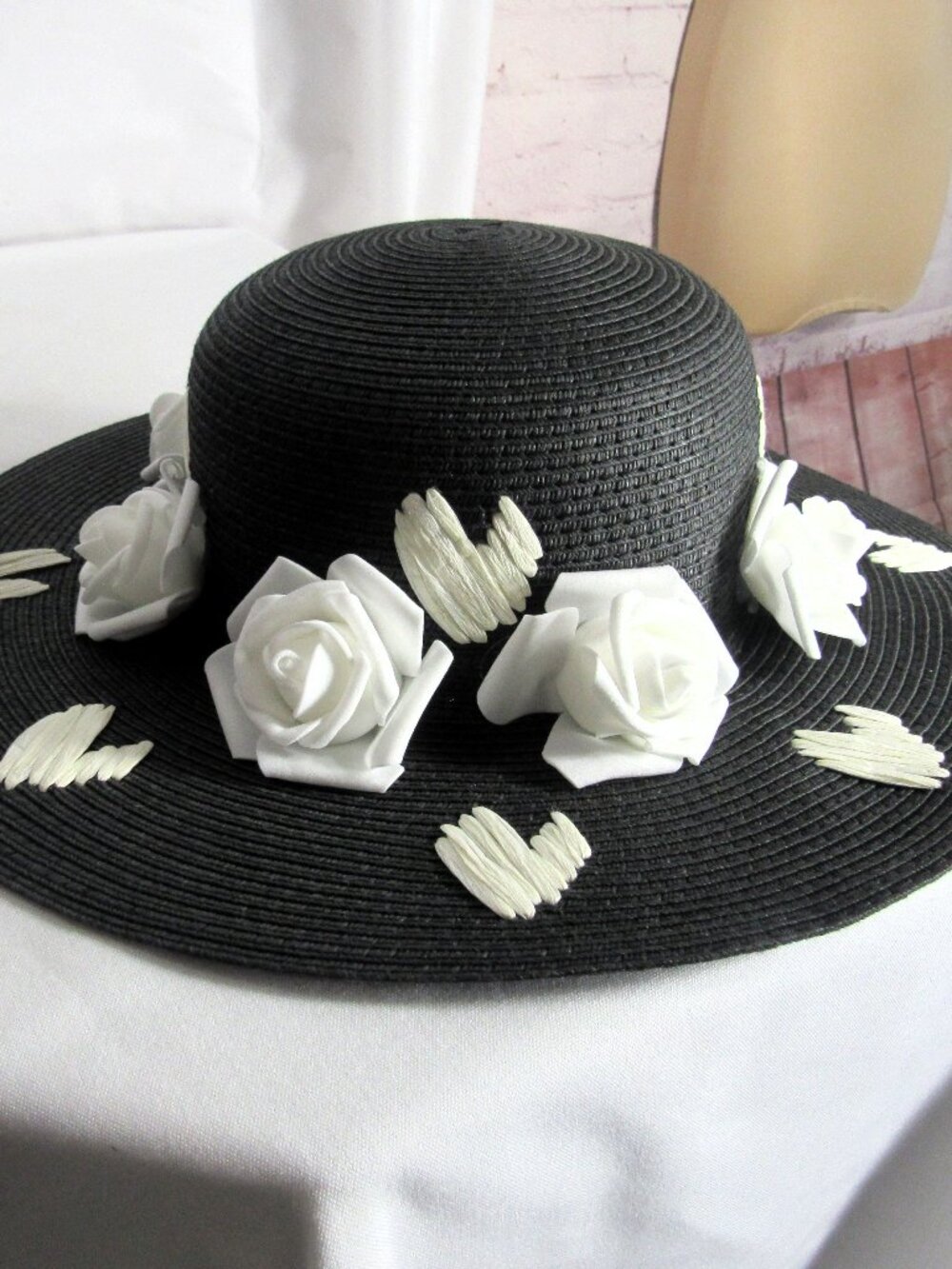 MADDEN GIRL FRENCH STYLE,  FUN PRETTY LADY,  SUN HAT UPCYCLED BLACK,WHITE 7 1/2